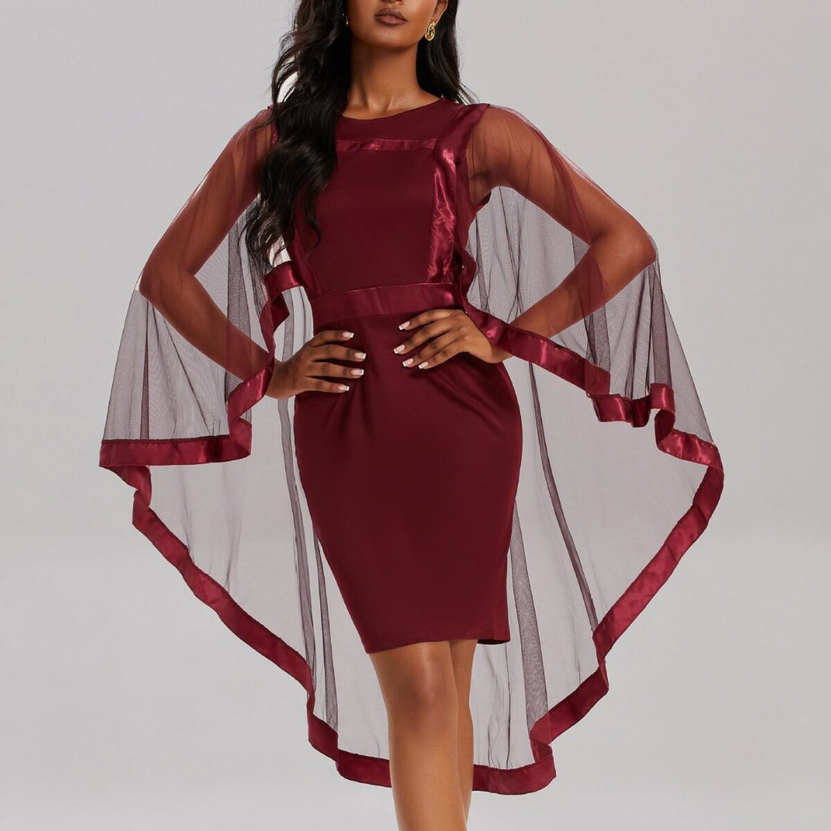 Sheer Mesh Dress Elegant Round Neck Plus Size Solid Color Fashionable Design Perfect for Parties and Special