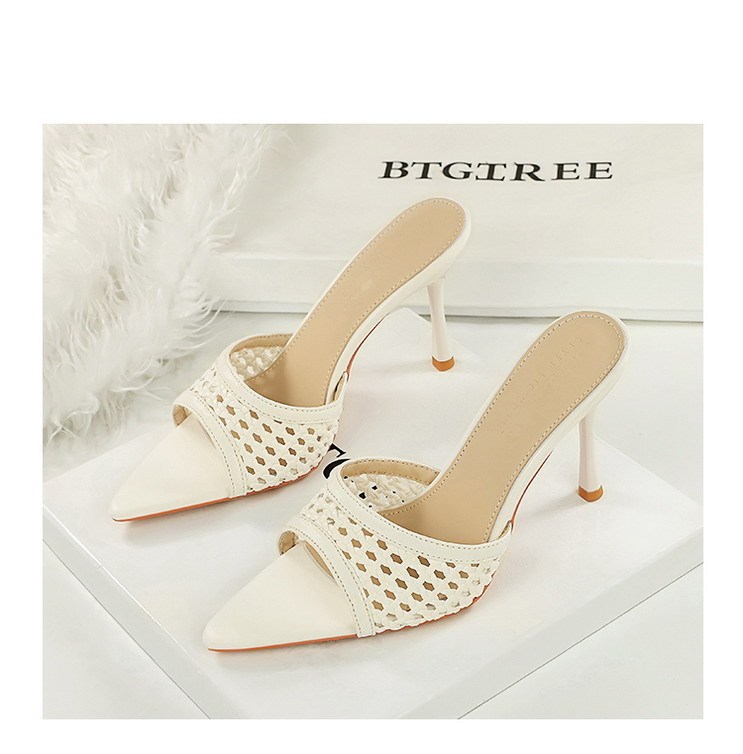 Sandal cao gót nữ mũi nhọn hở ngón quai dệt phối đồ thời trang — Màu bạc, Màu be, màu đen, Màu trắng