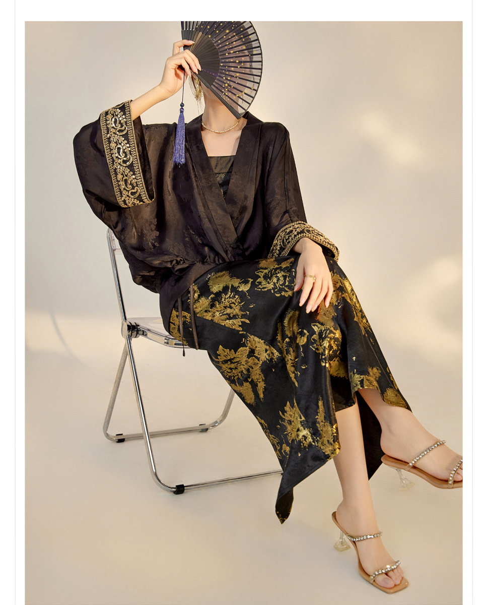Set áo sơ mi dệt hoa in họa tiết kèm váy yếm dáng dài nữ tính — Áo khoác Jacquard (giao hàng trong 7 ngày), Áo khoác Jacquard (giao hàng trong ngày), Váy yếm (giao hàng trong 7 ngày), Váy yếm (giao ngay trong ngày)
