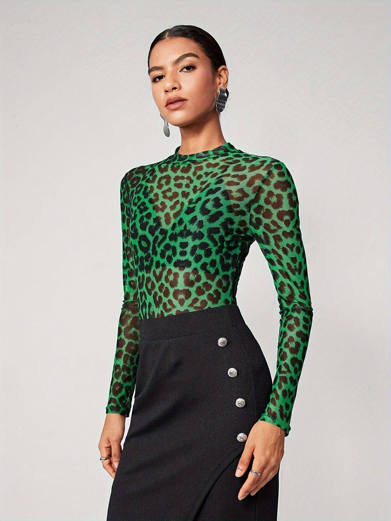 Womens Sheer Long Sleeve T Shirt Leopard Print Round Neck Lightweight Fabric Summer Fashion Wholesale Available