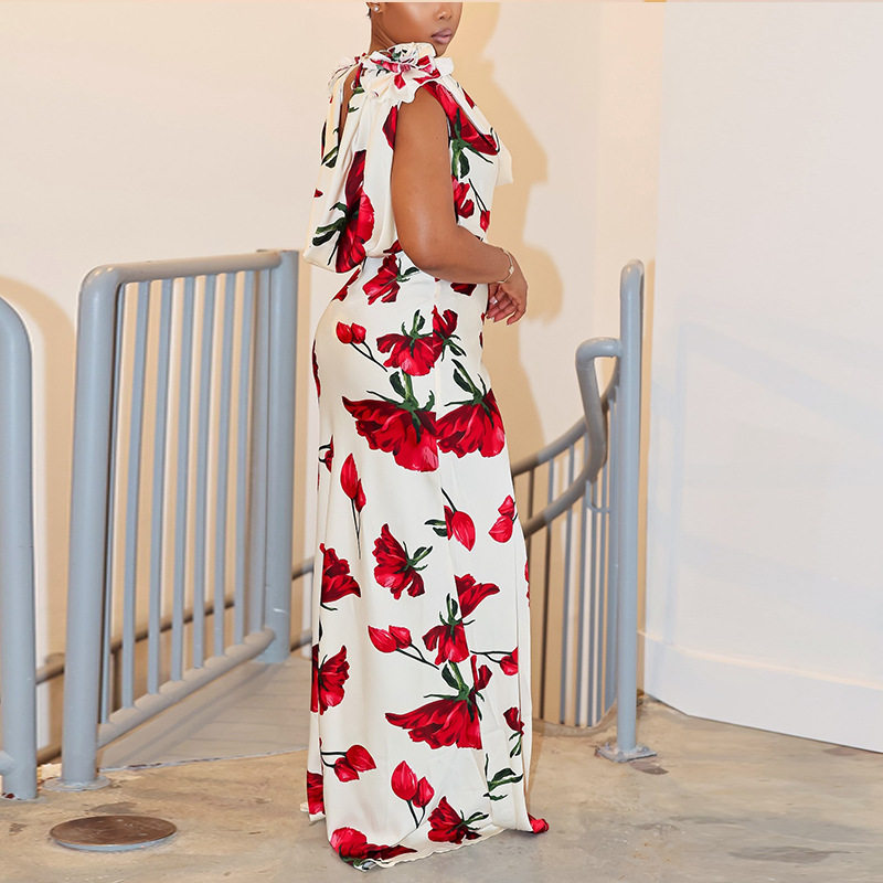 Elegant Floral Print Backless Long Dress Wrinkled Design Slim Fit Mid Waist Perfect for Parties and Special Occasions