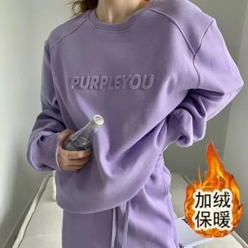 Plus Size Velvet Thickeneded Sports Casual Suit Women's Autumn and Winter New Fashion Loose Sweatshirt and Pants Two-Piece Set