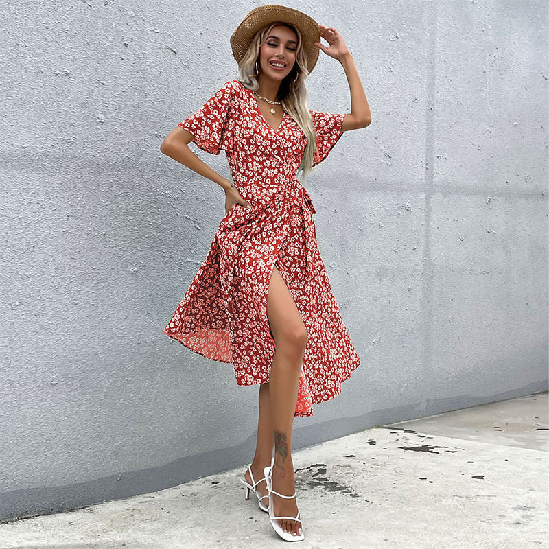 Floral Print Midi Dress Slim Fit French Country Style Spring Summer Wholesale Available custom packaging