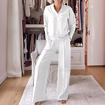 2024 Autumn Independent Station New Casual V-Neck Long-Sleeved Loose Top Wide-Leg Pants Two-Piece Set