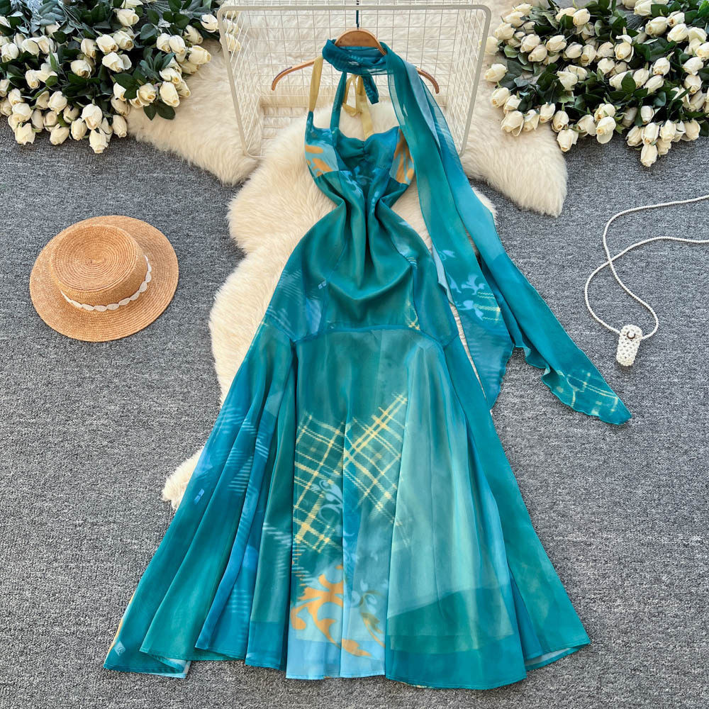 Blue Gradient Sleeveless Dress High End Quality Waist Defining Slim Fit Vacation Wear Stylish and Elegant