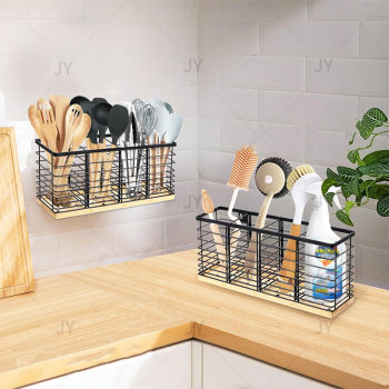 Cross-border Wrought Iron Wooden Kitchen Tableware Storage Box Wall-mounted Four-grid Countertop Chopsticks Holder Household Tableware Storage Rack