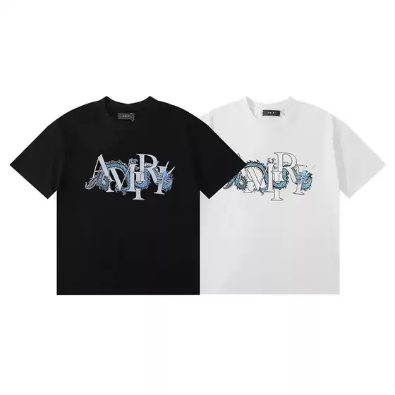 European and American Trendy Brand High-Quality Spring and Summer Double Yarn 24Ri Women's T-Shirt New Men's T-Shirt Casual Short-Sleeved Ami Printed Dragon