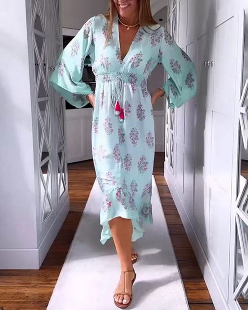 Casual Floral Print V Neck Long Sleeve Dress for Women Trendy Design Comfortable Fabric Versatile Style Wholesale