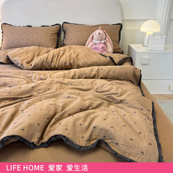 Class a French Bedding Pure Washed Cotton Four-Piece Set Double-Layer Yarn Dormitory Full Classy Quilt Cover Bed Sheetss and Fitted Bed Sheetss