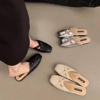 Square Toe French Style Baotou Half Slippers for Women 2025 Summer Pvc Casual Flats Slippers for Outer Wear Women's Sandals and Shoes