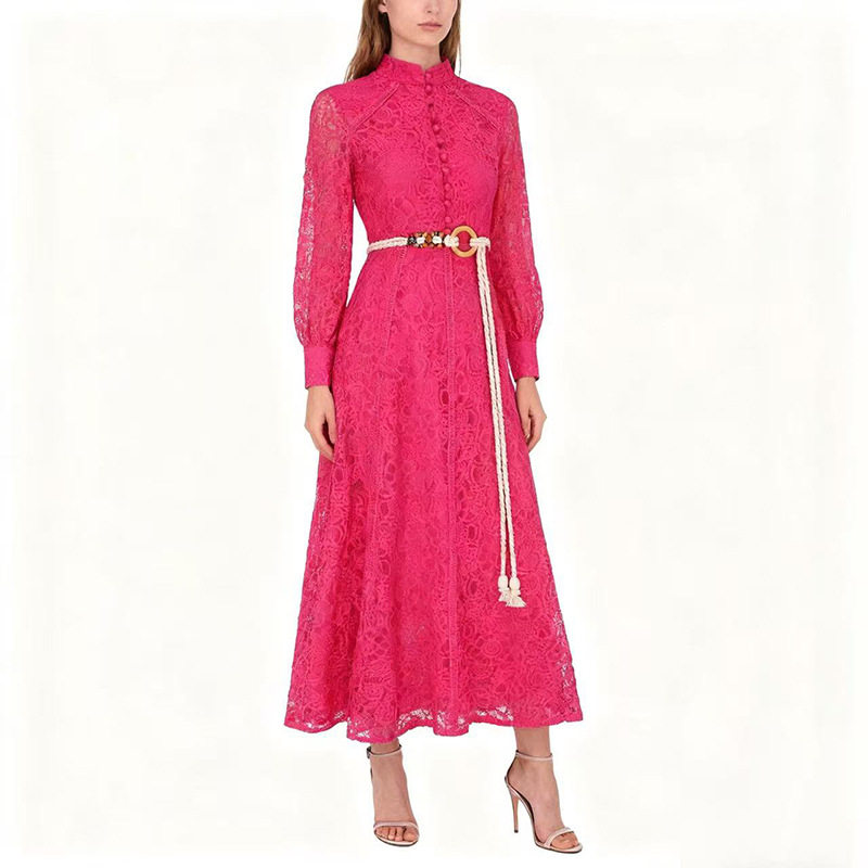 Elegant Red Lace A Line Dress Long Sleeve Waist Defined Spring Fashion Perfect for Office Wear Wholesale Available