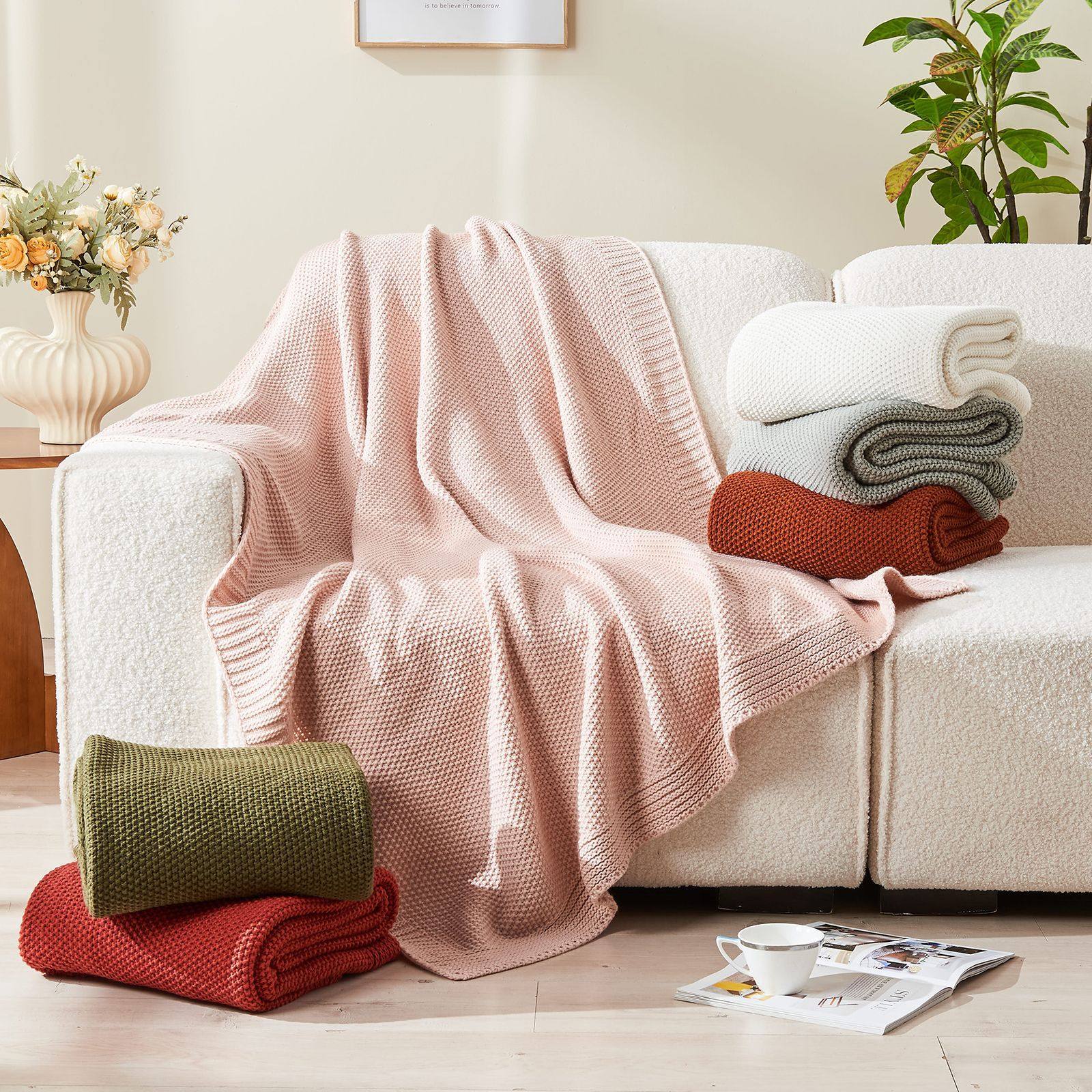 Cross-Border Supply of Pure Color Skin-Friendly Acrylic Knitted Blanket Sofa Office Nap Air-Conditioning Blanket Warm Cover Blanket