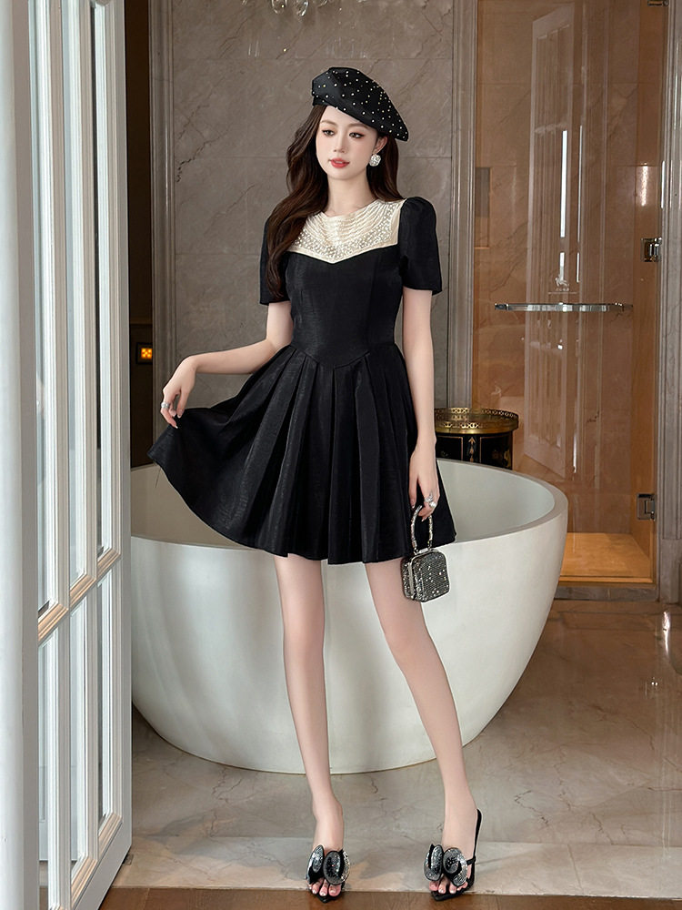Đầm ôm body nữ cổ tròn tay ngắn eo cao phong cách Pháp — [Đen trứng cá] chi tiết 12