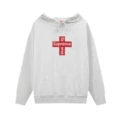 Embroidered BOGO letter hoodie with chest logo, unisex gray pullover sweatshirt