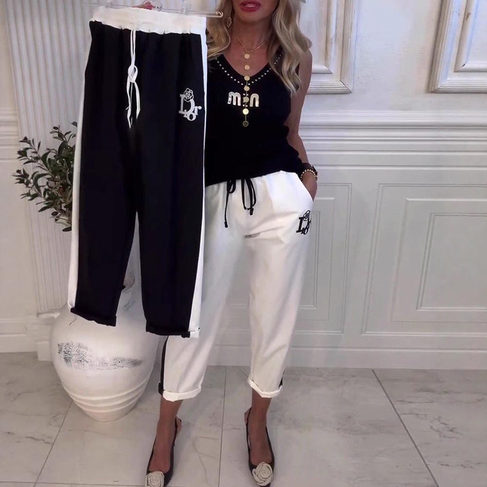 Womens Loose Fit Color Block Straight Leg Pants Summer Collection Casual Style with Pockets Wholesale Available