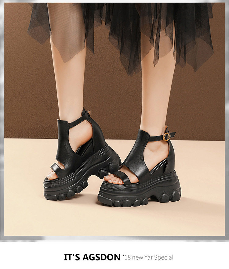 Sandal cao gót nữ hở mũi đế xuồng 14 cm da bò thủ công phong cách vintage — [Đen], [Nâu] chi tiết 8