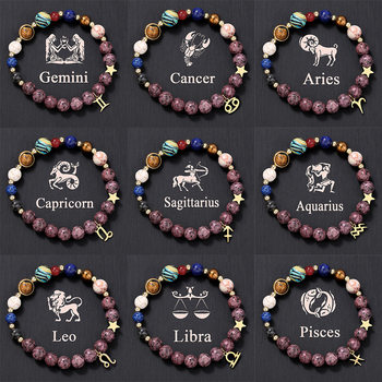 Cross-Border European and American Eight Planets and Twelve Zodiac Signs Bracelet Stainless Steel Pendant Natural Stone Handmade Beaded Couple Bracelet for Women