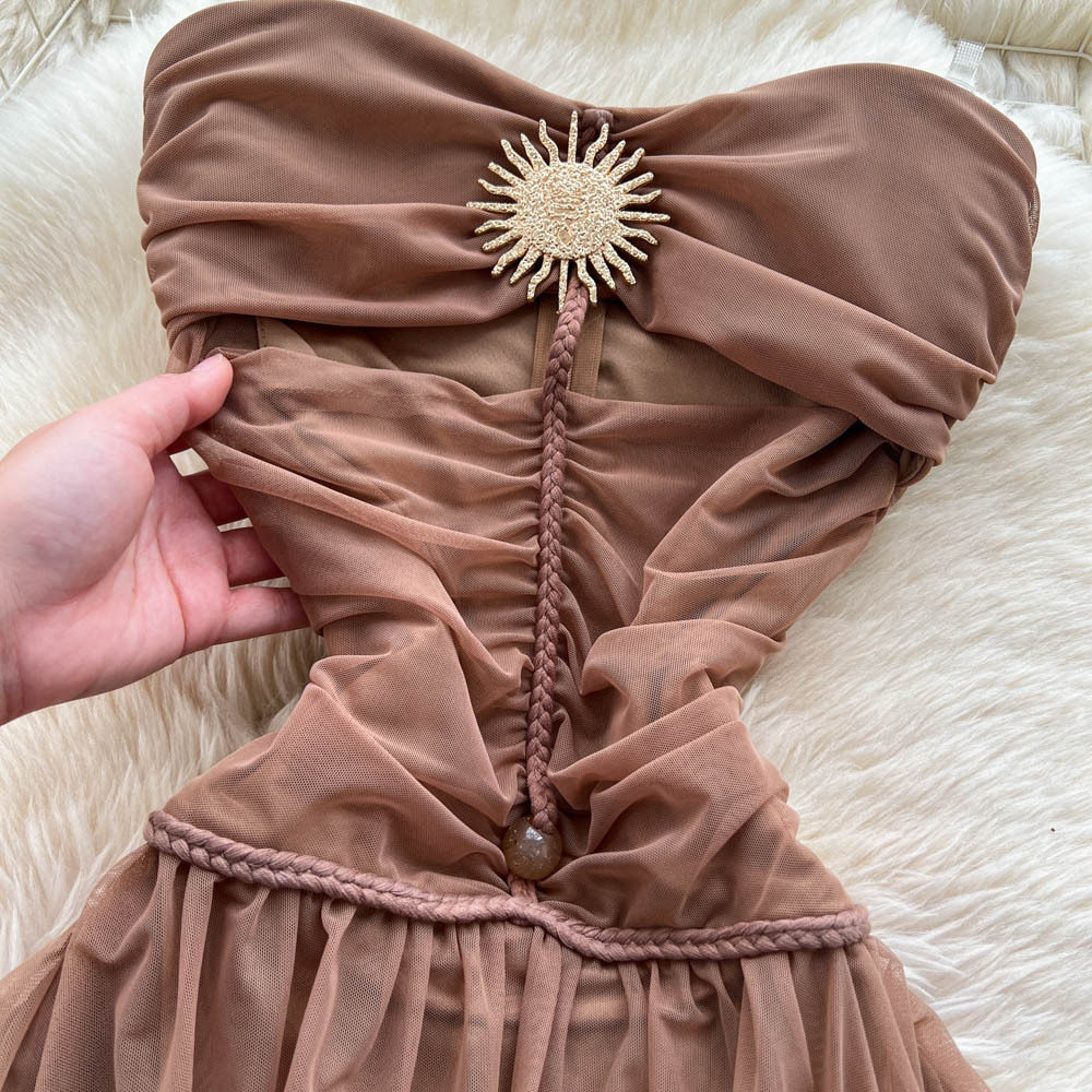 Vintage Strapless Butterfly Off Shoulder Dress High Waist Slim Fit A Line Tulle Long Skirt Elegant Evening Wear