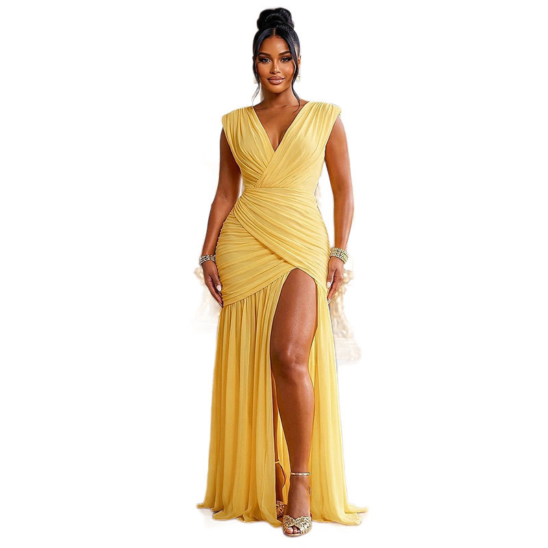 Fashionable Solid Color Womens V Neck Sleeveless Split Ruched Long Dress Slim Fit Elegant Style Perfect for Parties
