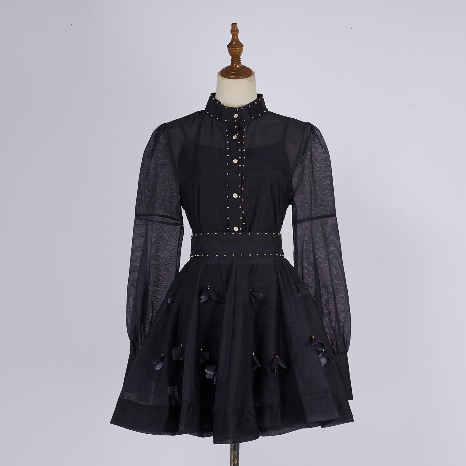Long Sleeve Lantern Collar Button Up Shirt with Beaded Detail Waist Defining Fit A Line Mini Skirt Set for Spring Summer