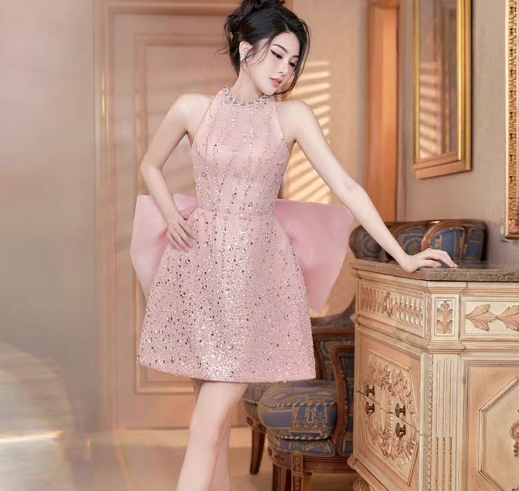 Váy chữ A midi nữ tay không cổ tròn, eo cao, phong cách thanh lịch — Hồng chi tiết 3