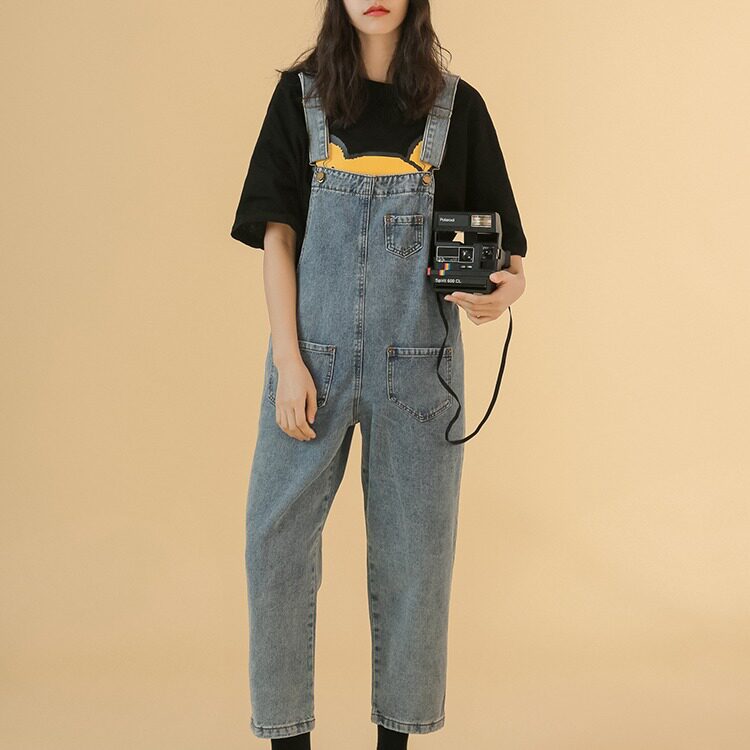Womens Vintage Denim Overalls Loose Fit Korean Style 3 4 Length Casual Spring and Autumn Wear Wholesale Available