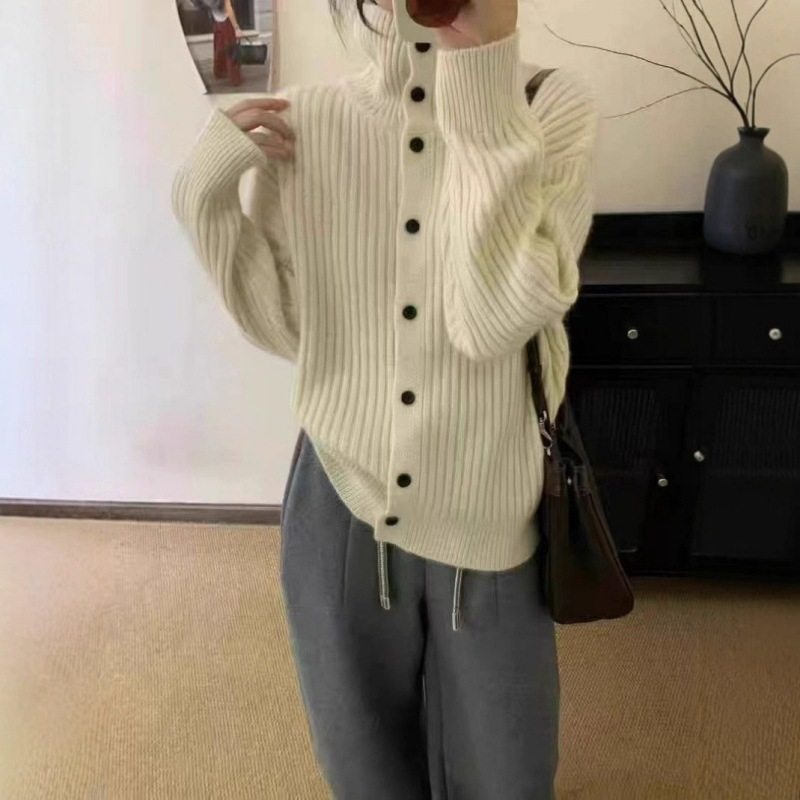 秋冬高领毛衣开衫外套女慵懒风宽松复古单排扣韩版针织衫外套上衣