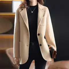 2025 New Autumn and Winter Woolen Outwear Women's Pure Color Thickeneded Mid-Length Suit Collar Wool Outwear Jacket Women