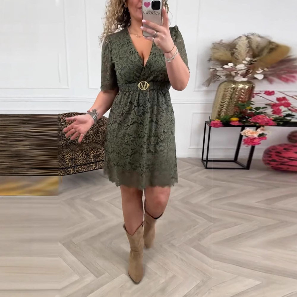 Fashionable Womens Midi Dress Short Sleeve V Neck Belted Lace Petal Design Perfect for Casual and Semi Formal