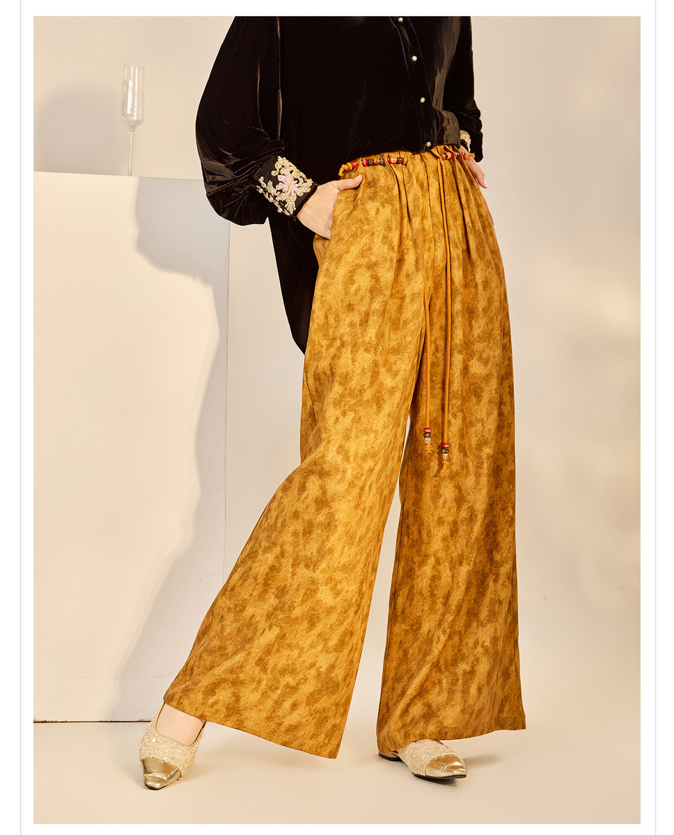 Quần ống rộng nữ họa tiết in hai mặt thắt lưng dây buộc phong cách nhẹ nhàng P9028 — Amber (7 ngày)