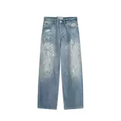 26 New Style a Vintage Hand-Painted Splatter Denim Shorts for Men and Women, Versatile Street Style Wide-Leg Five-Point Pants
