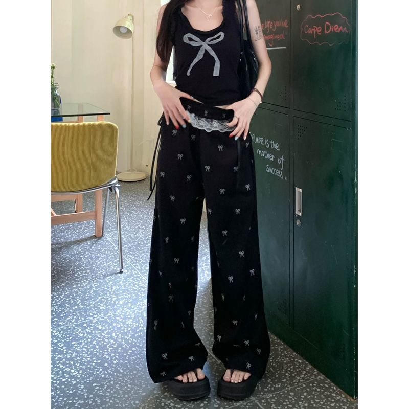 Summer Womens Casual Pants Lace Trim Bow Detail Loose Fit Wide Leg Perfect for Everyday Wear Wholesale Available
