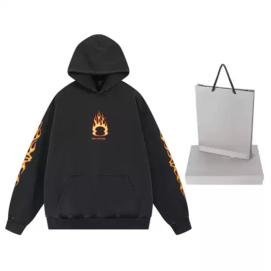 high quality Paris B autumn and winter new direct injection flame printing washed old men's and women's hooded sweater