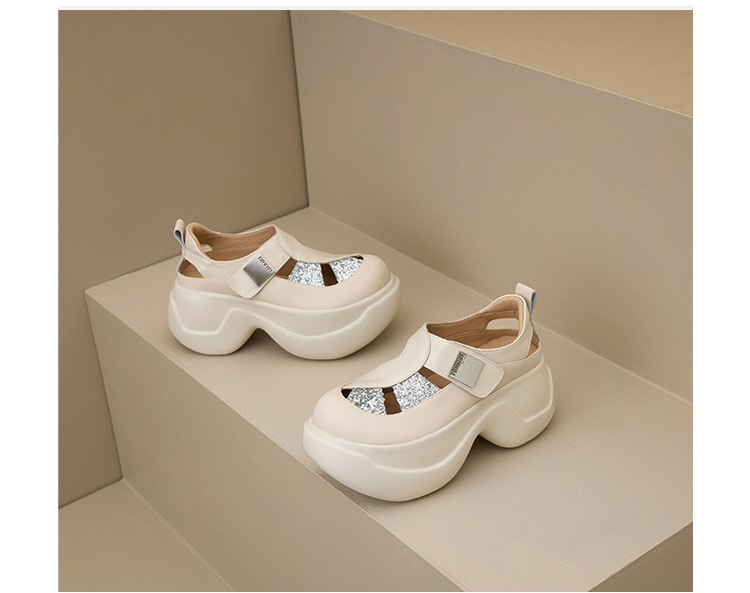 Giày sandal nữ gót cao 8cm đế dày đính đá, mũi tròn bít da bò khoét lỗ — Màu bạc, Màu đen, Màu trắng be