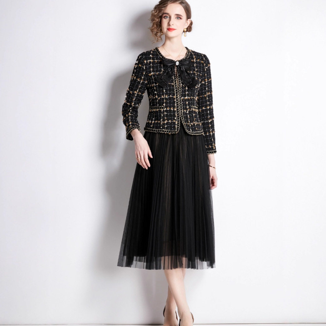 Embroidered Boucle Round Neck Jacket with Bow Top Mesh Midi Skirt Set Elegant Sweet Style for Parties Wholesale