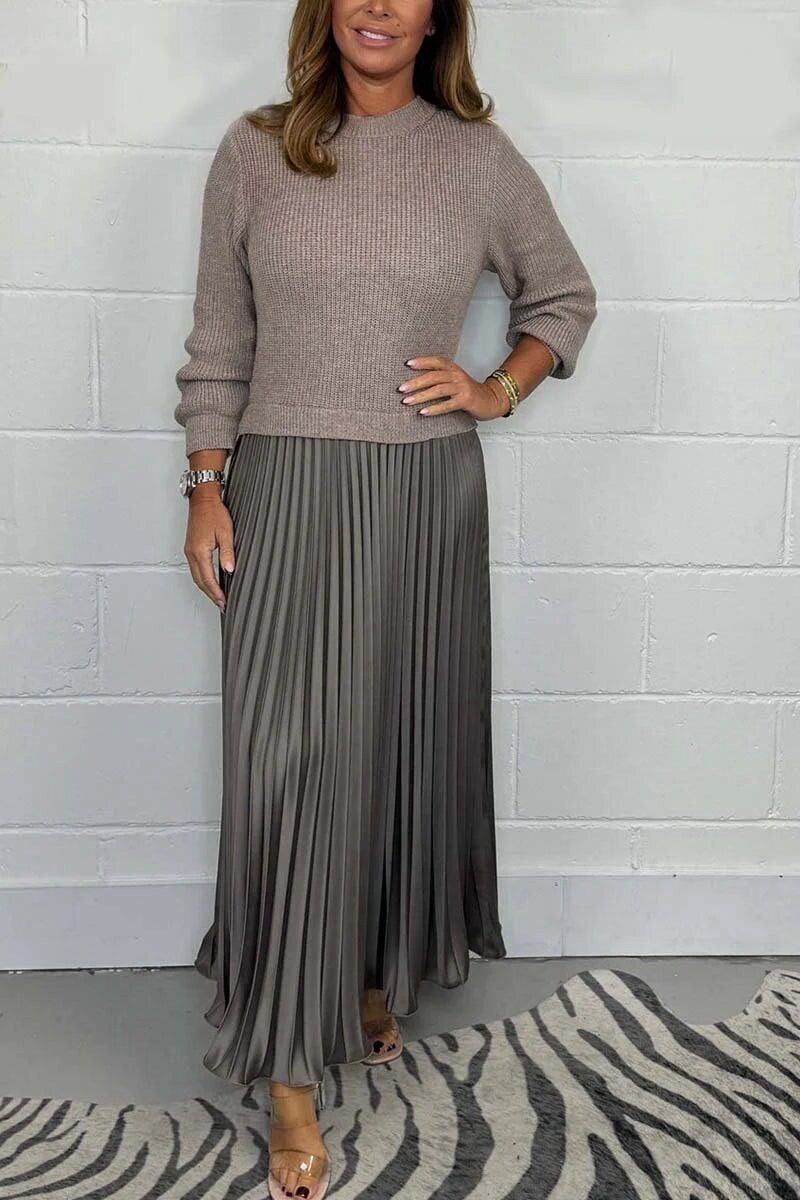 Knitted Long Sleeve Color Block Dress Solid Color Pleated Design Stylish for Fall Winter Wholesale Available