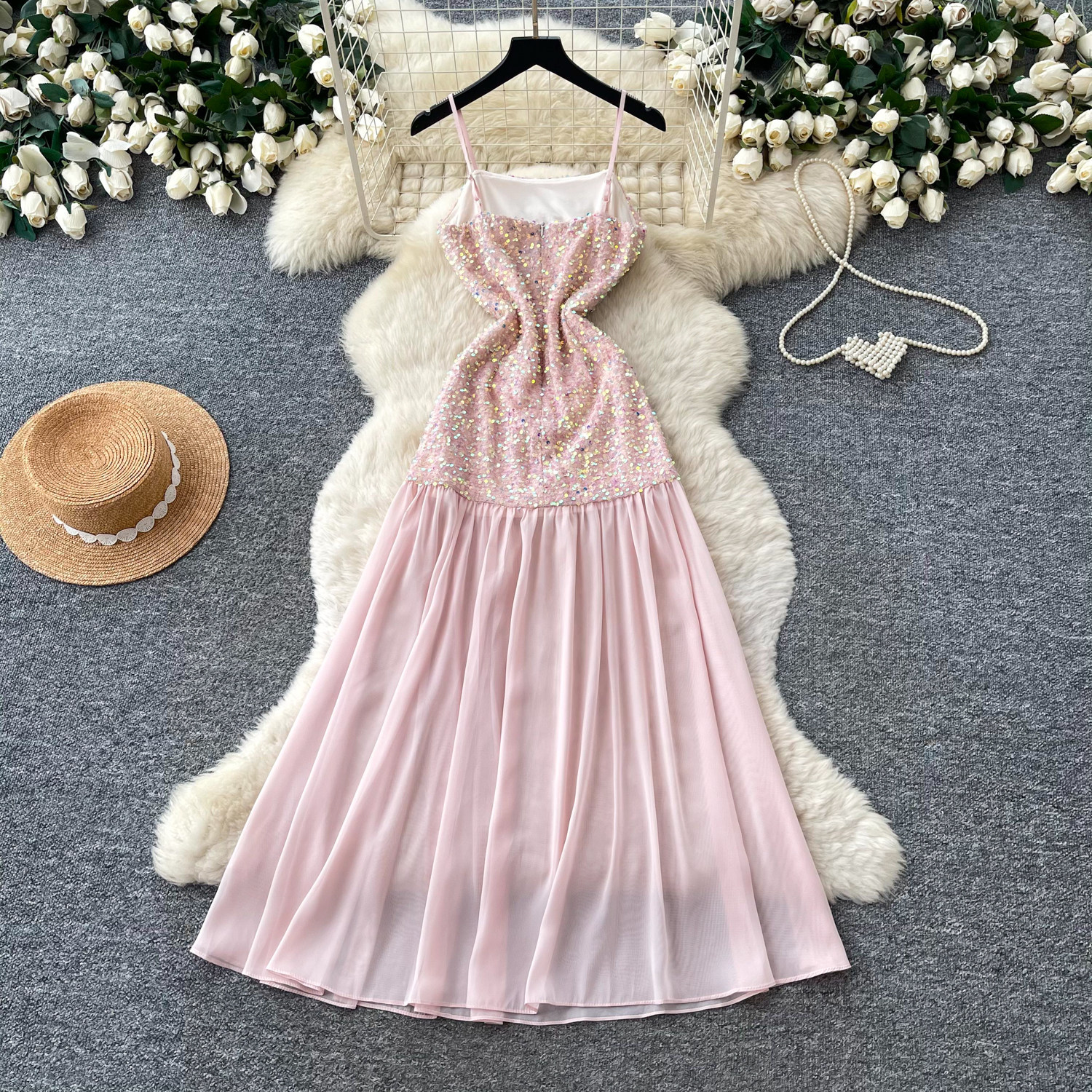 French Style Sequin Halter Neck A Line Dress Waist Defined Mesh Panel Elegant Design Evening Gown for Special