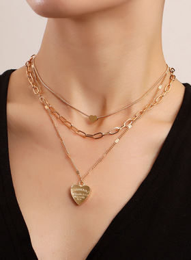 SPARKLE「心坠情深」情人节刻印520字母爱心吊坠项链女潮流多层饰