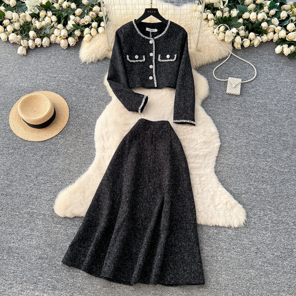 Chic Two Piece Set for Women Elegant Cardigan with Metal Button High Waist Skirt Autumn Office Wear Wholesale