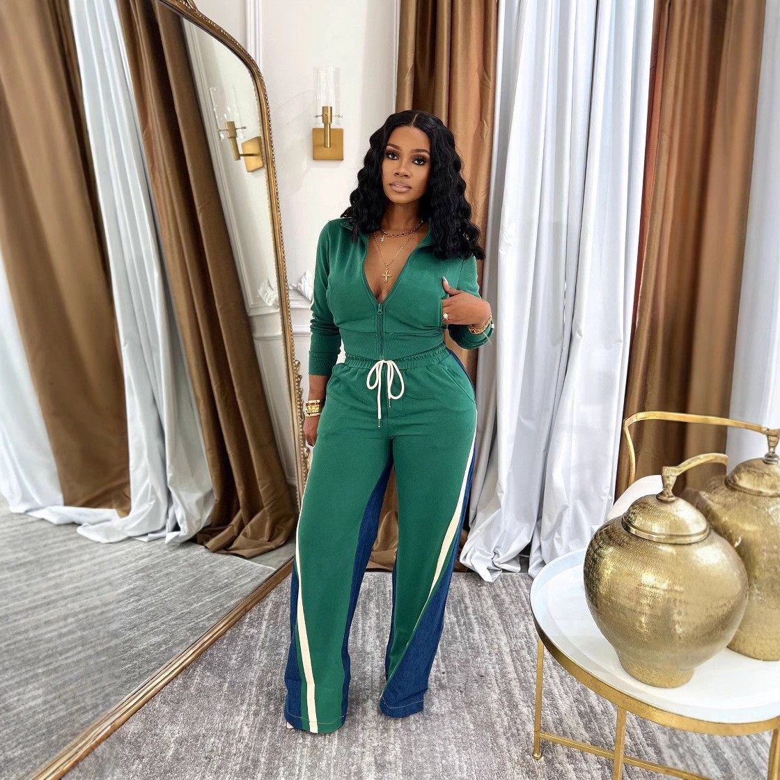 4725 cross-border European and American women's clothing German velvet Denim thread stitching sports pants suit two-piece set of 4 pockets