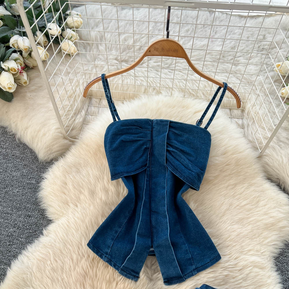 Denim Crop Top and High Waisted Wide Leg Pants Set Slim Fit Sleeveless Casual Style Spring Summer Collection