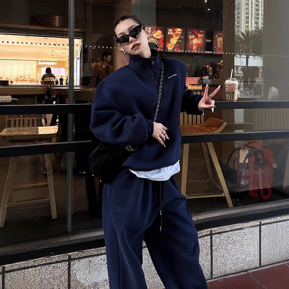 高级感运动衣服女套装秋冬季欧货休闲时尚复古宽松百搭显瘦两件套