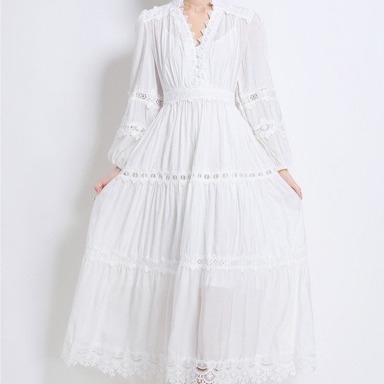 French Court Style Puff Sleeve Dress Hollow Out Lace Cross Neck Design Elegant Long Dress for Autumn Wholesale
