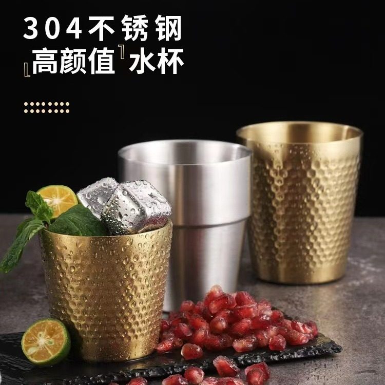 Amazon 304 Double-Layer Stainless Steel Cup Anti-Scalding Step Straight Sand Beer Milk Tea Cup Soju Coffee Cup Outdoor