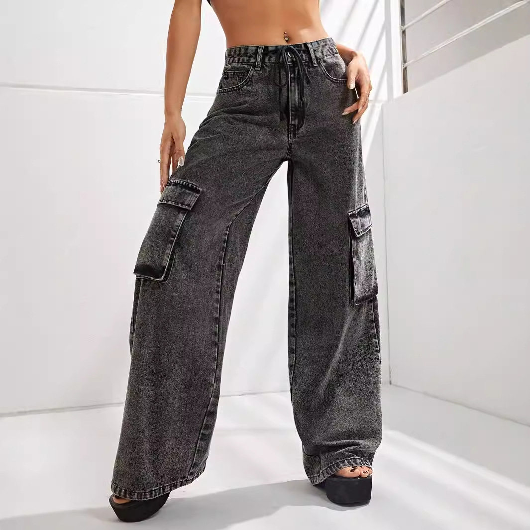 High Waisted Loose Fit Denim Cargo Pants Plus Size Big Pockets Comfortable Fabric Casual Wear for Women Wholesale