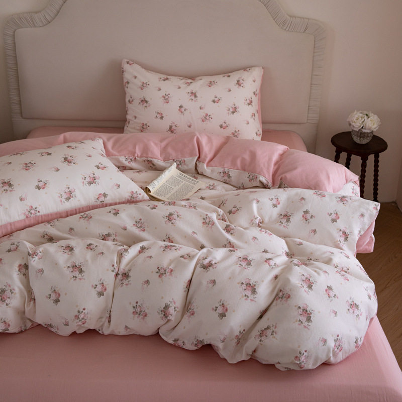 Class A maternal and infant grade double-layer yarn four-piece cotton cotton printed quilt cover pastoral style small floral bed three-piece set