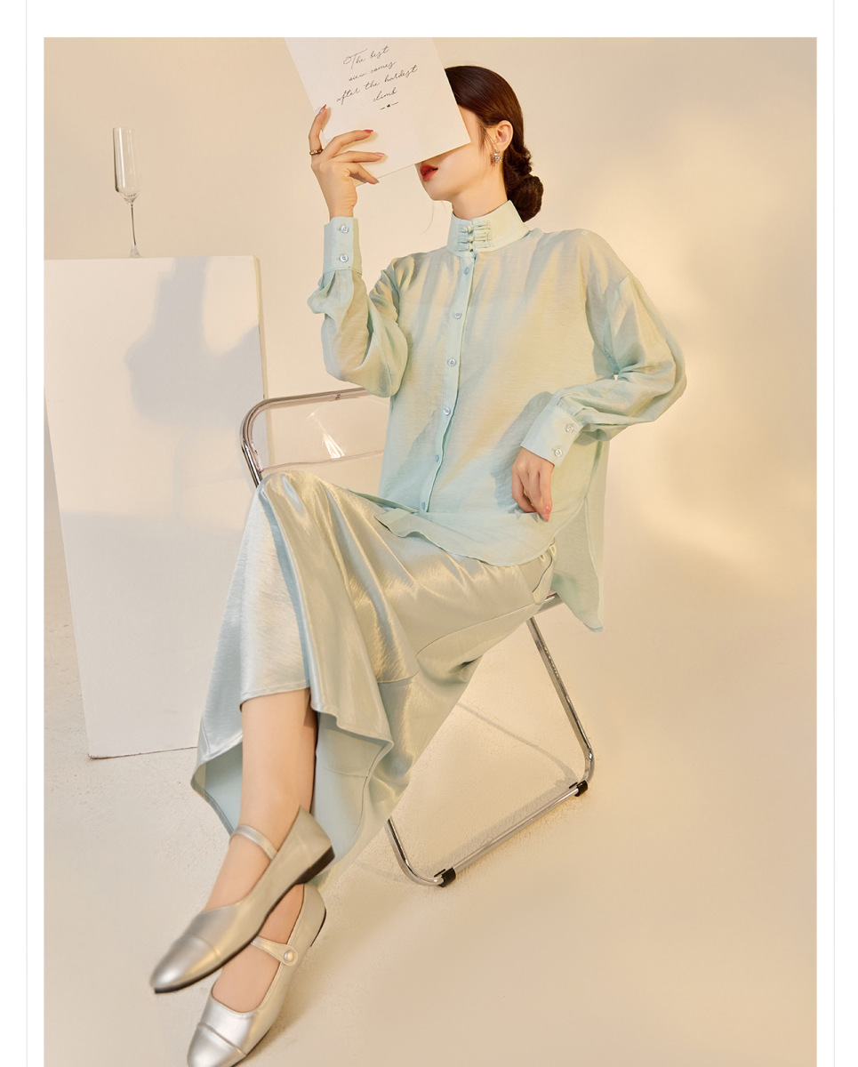 Set áo sơ mi dài tay cổ đứng cài nút phối chân váy midi màu trơn — Váy xanh Jiyue (giao hàng trong 7 ngày), Váy xanh Jiyue (phát hành cùng ngày), Áo sơ mi cài nút (giao hàng trong 7 ngày)