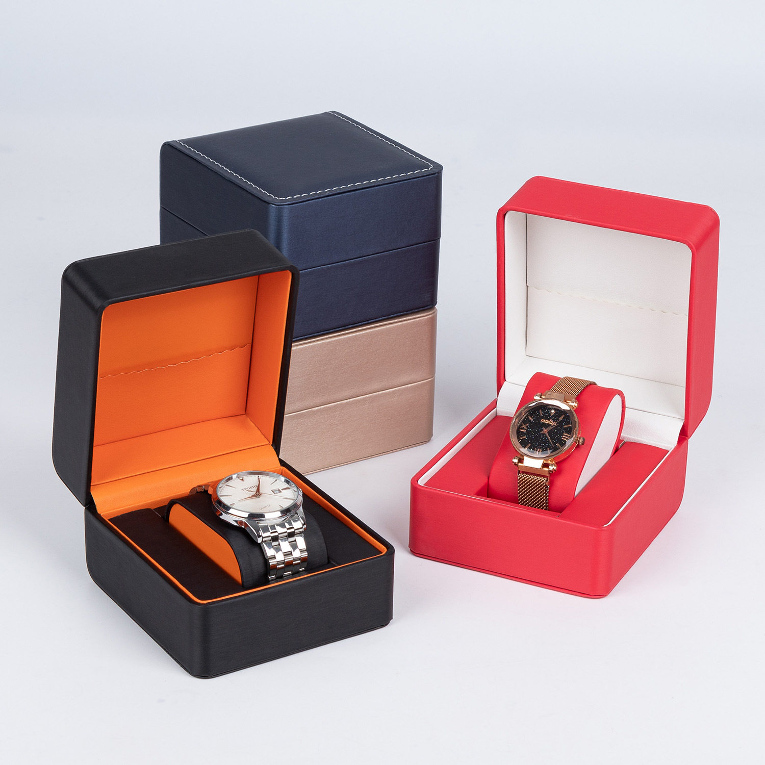 Rounded Corner Rain Silk Pattern Watch Packaging Box, High-End Flip-Top Gift Watch Gift Box, Textured Leather Pu Watch Box