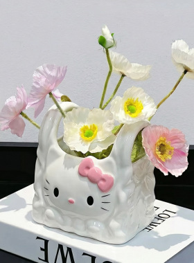 手提袋花摆件KT猫设计感陶瓷插花客厅电视柜玄关家居颜值装饰摆件