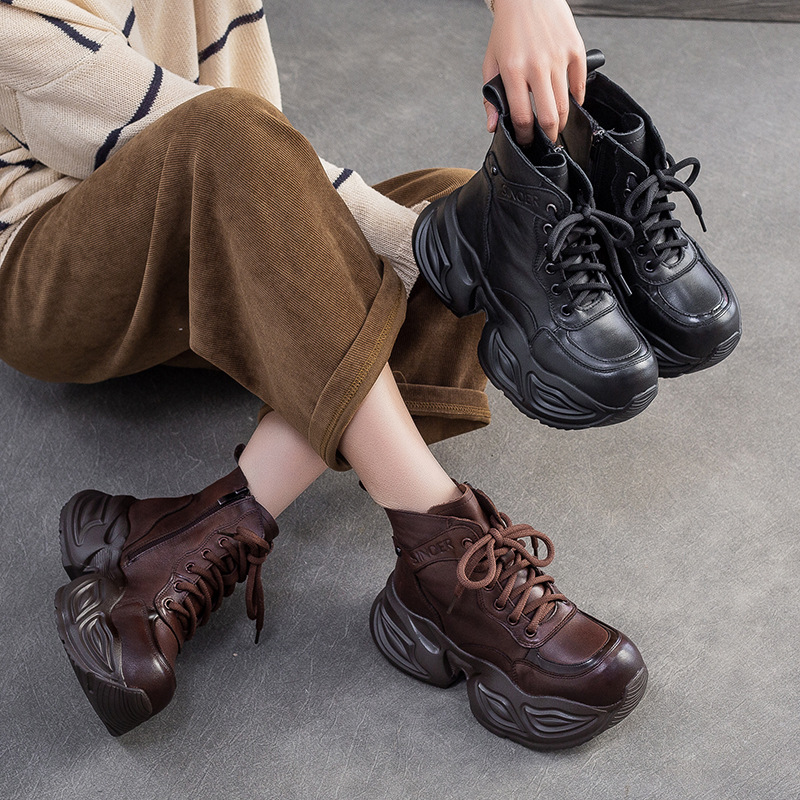 Giày Boot Cổ Thấp Nữ Chất Liệu Da Bò Hàng Mùa Xuân Thu Đông Phục Cổ Cổ Điển